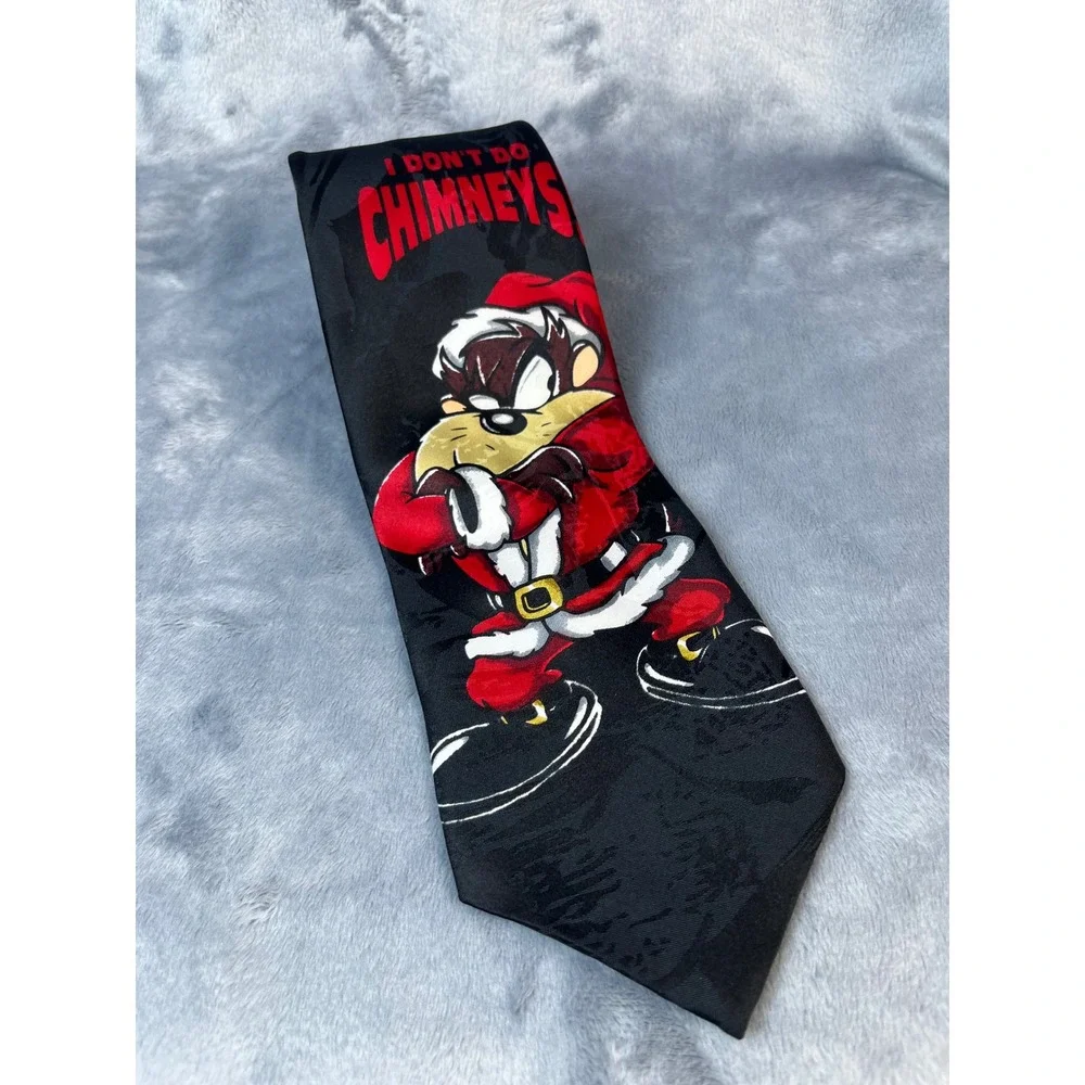 Looney Tunes Tasmanian Devil Taz Santa I Don't Do Chimneys Christmas Tie‎ Black
